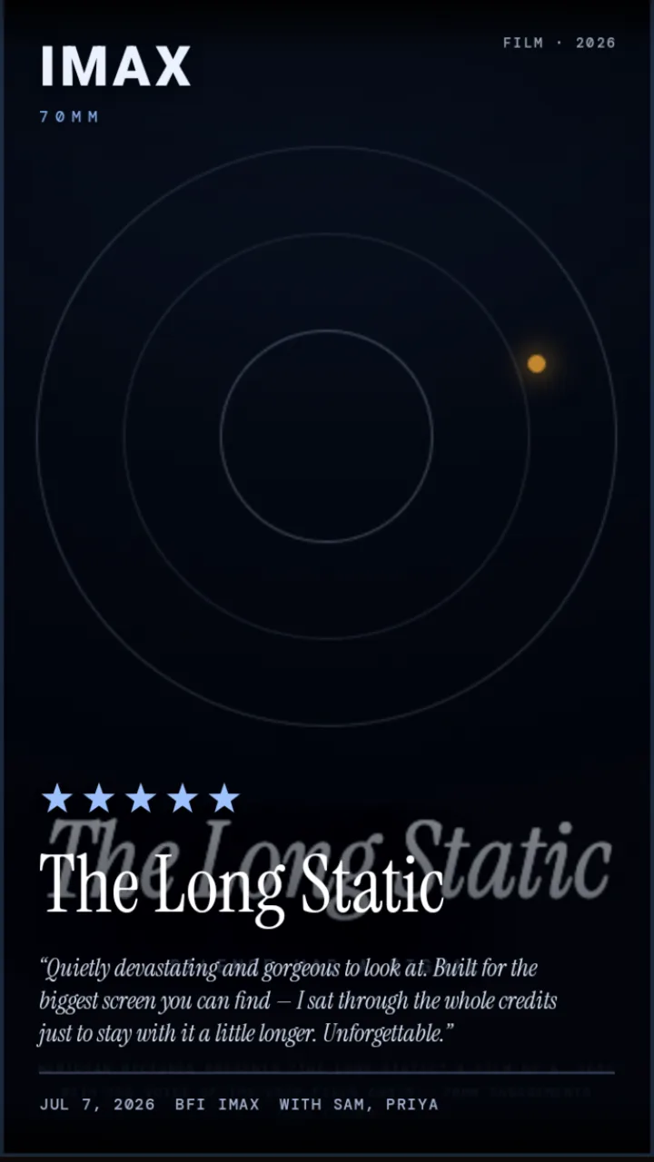 Example ReviewRoll card: a five-star review of The Long Static in a dark IMAX look