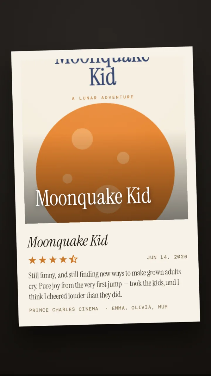 Example ReviewRoll card: Moonquake Kid reviewed in a cream polaroid-poster look